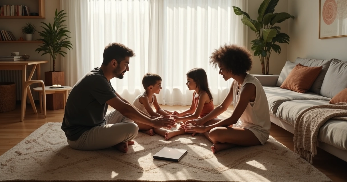 Família em círculo de mãos dadas realizando ritual de consciência em sala iluminada 