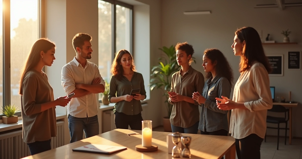 Equipe em escritório iniciando ritual diário de consciência em torno de um pequeno altar de trabalho 