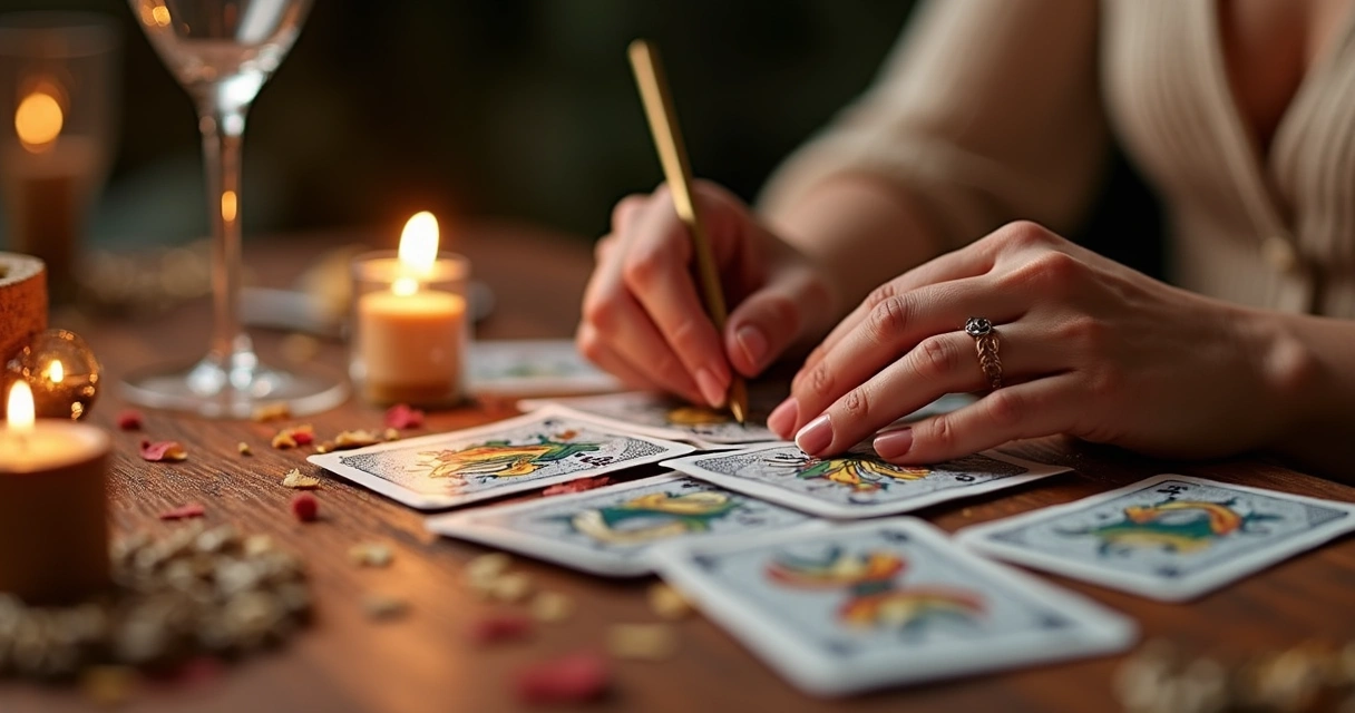 Mãos femininas embaralhando cartas de tarot em mesa com cristais 