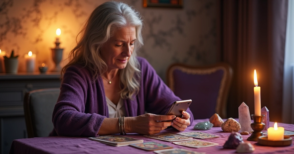 Consultora espiritual em ambiente acolhedor realizando atendimento pelo celular com mesa de itens místicos 