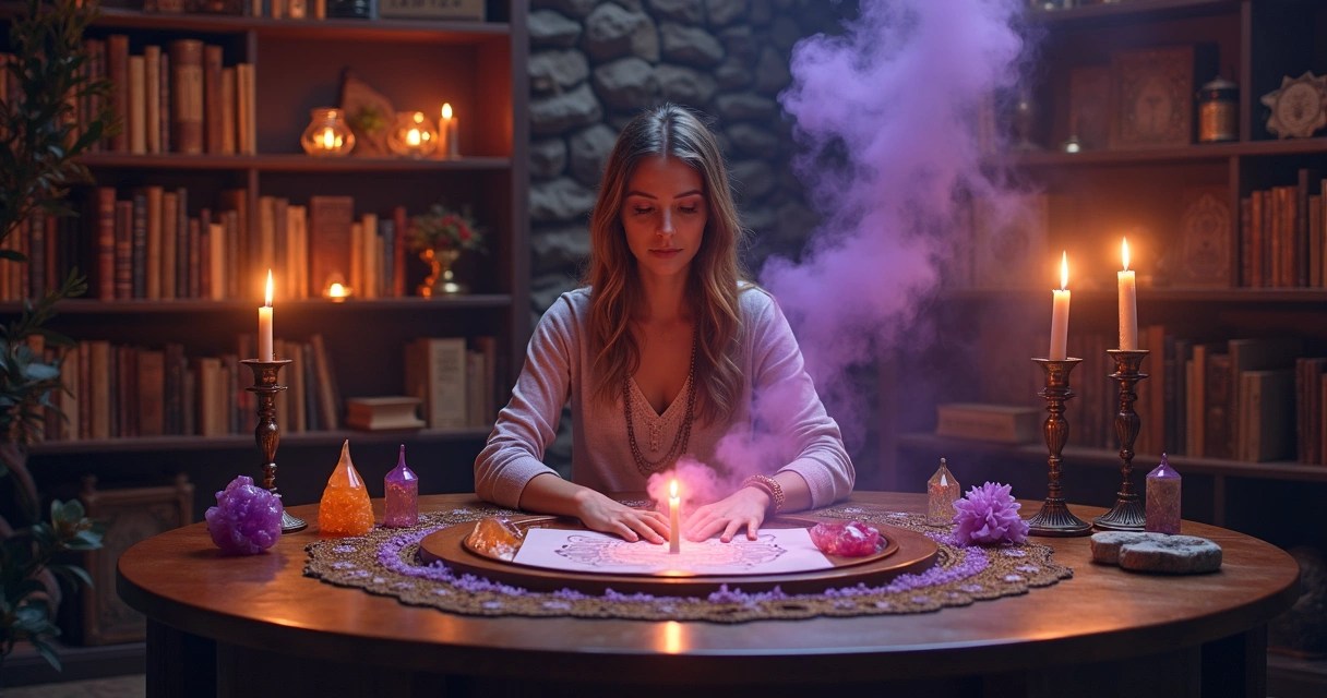 Consultora espiritual realizando ritual com velas e cristais em ambiente místico 