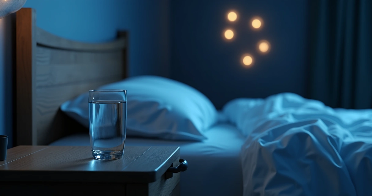 Copo de vidro transparente com água ao lado de uma cama em quarto escuro e ambiente sereno 