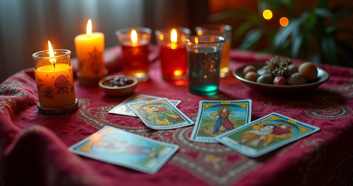 Ritual de velas acesas, copos coloridos e cartas de tarot em fundo decorado. 