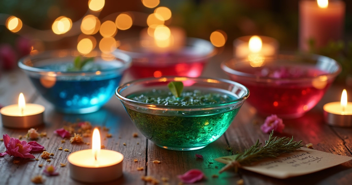 Ritual com banhos coloridos, velas e ervas na mesa 
