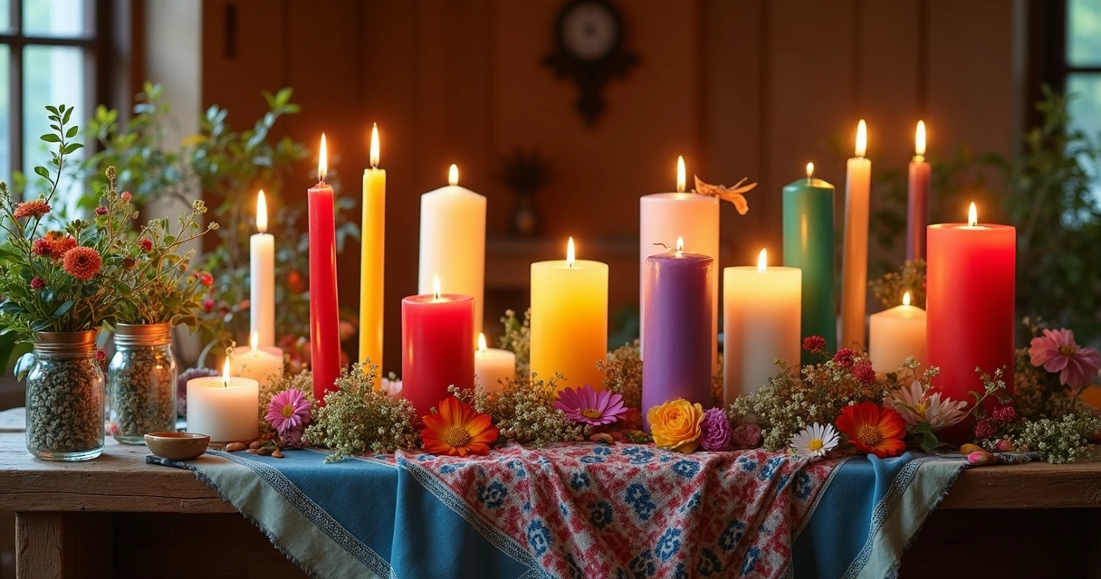 Velas de diferentes cores junto a flores e tecidos coloridos organizados em um altar 