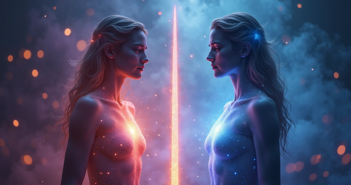 Dois círculos de energia se afastando, ligados por um fio de luz que se rompe 