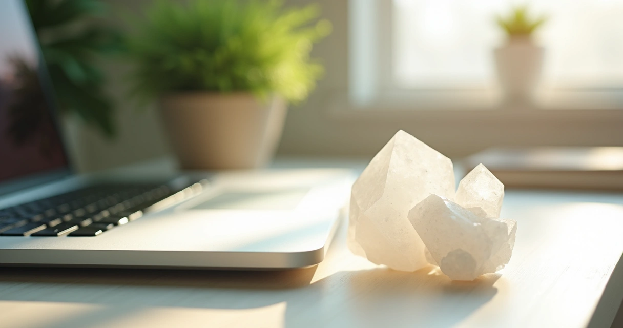 Cristal de quartzo branco ao lado de laptop, com luz suave 