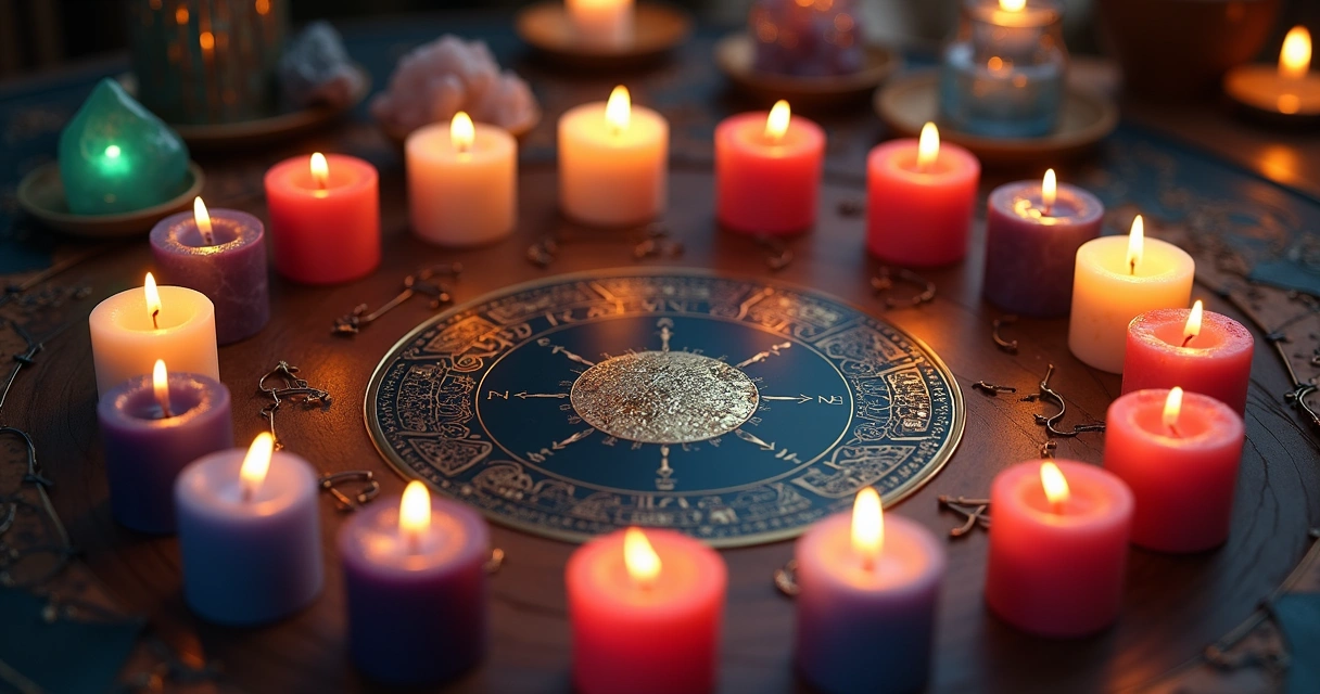 Mesa ritualística com velas coloridas alinhadas às fases da Lua 