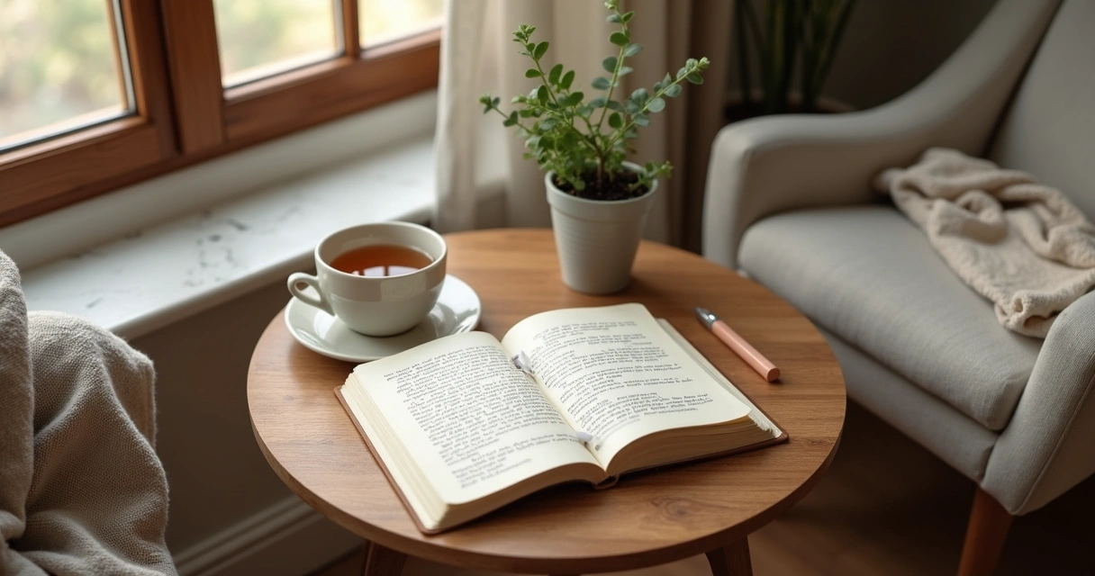 Cuaderno, taza y luz suave en un rincón de cuidado personal 