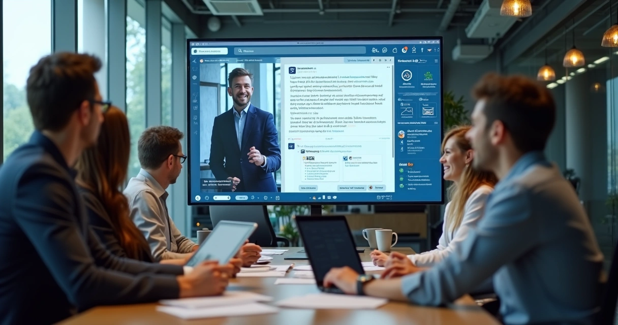 Equipe reunida em volta de uma tela exibindo publicação no LinkedIn 