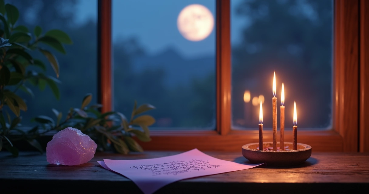 Mesa com pedra quartzo rosa, incensos de lavanda acesos e papel rosa escrito, à luz do luar 