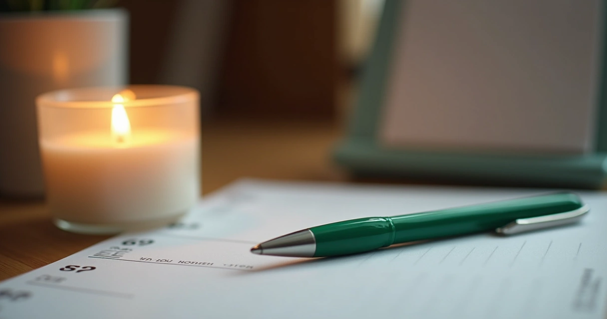 Caneta de tinta verde ao lado de vela branca sobre mesa de escritório 