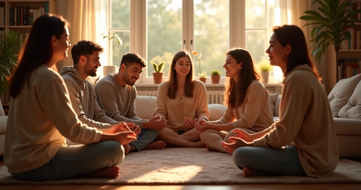 Família reunida em uma sala aconchegante, sentados em círculo com as mãos dadas, praticando gratidão juntos 