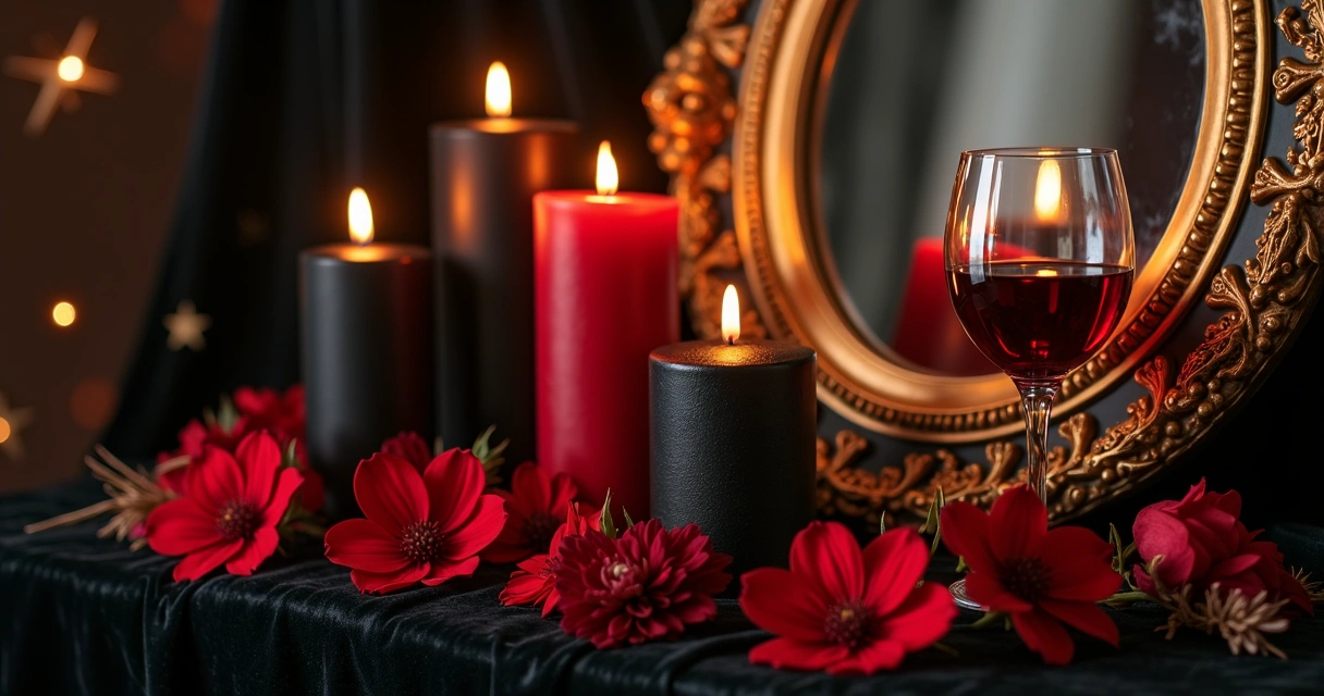 Mesa com velas vermelhas e pretas, flores dama-da-noite e taça de vinho tinto 