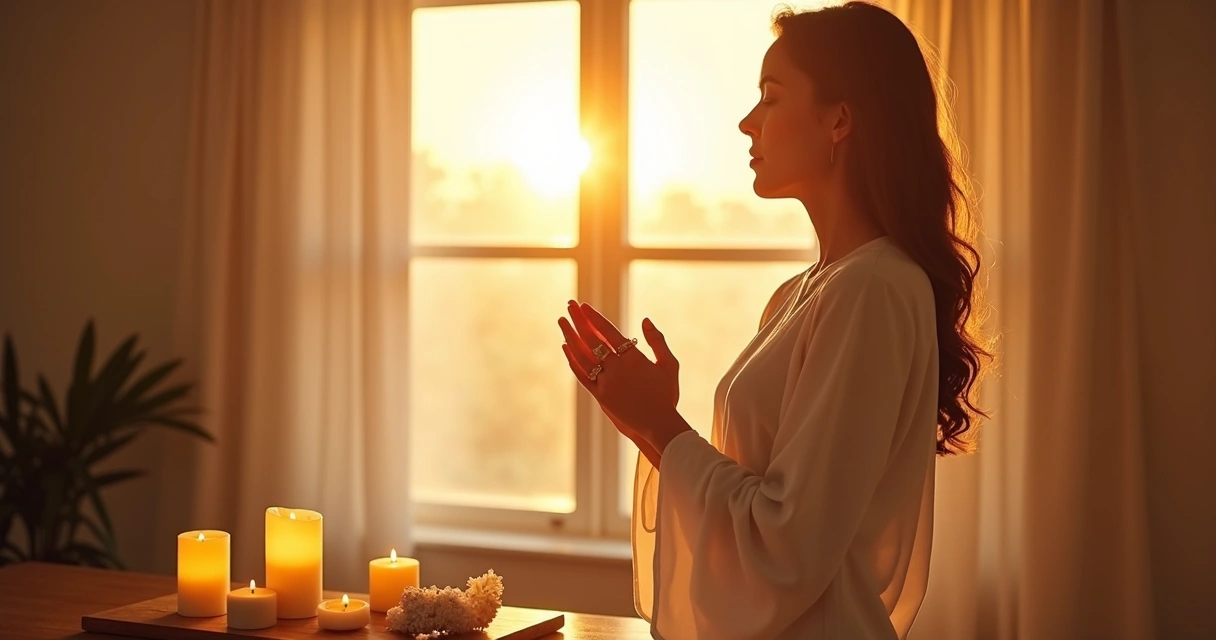 Pessoa realizando ritual com velas amarelas ao nascer do sol 
