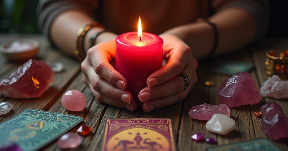 Mãos segurando vela vermelha acesa sobre mesa com cristais, cartas de tarô e símbolos espirituais para ritual de amarração e limpeza energética 