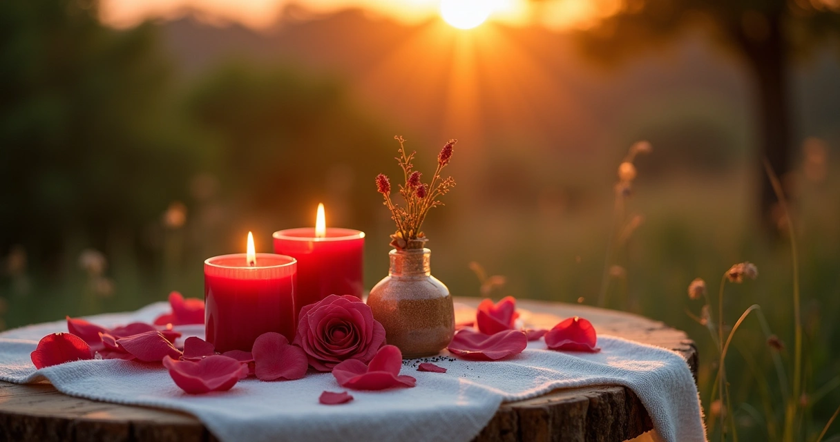 Cena de um ritual de amor ao entardecer, com vela vermelha, cristais e pétalas de rosa sobre uma mesa de madeira.