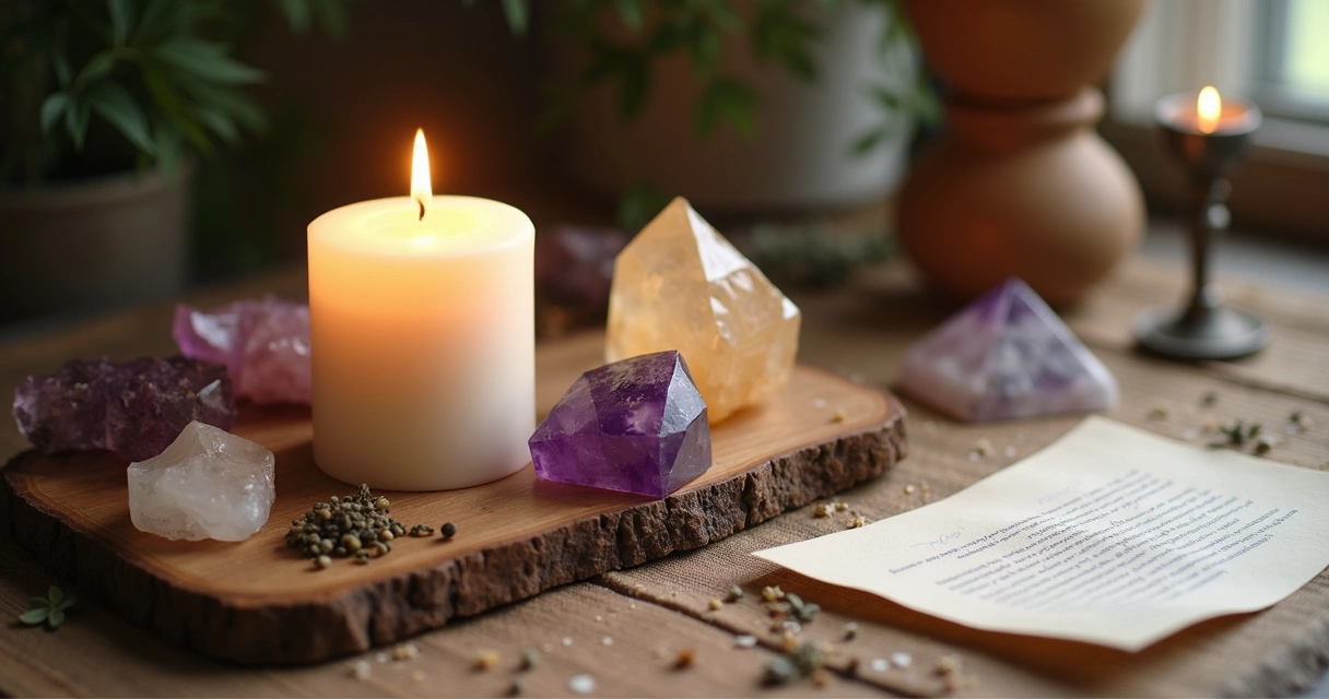 Mesa com cristais, vela branca e ervas para ritual de corte 