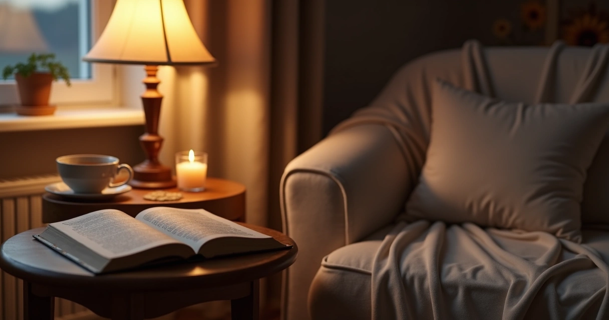 Mesa com chá livro e vela em ambiente calmo 