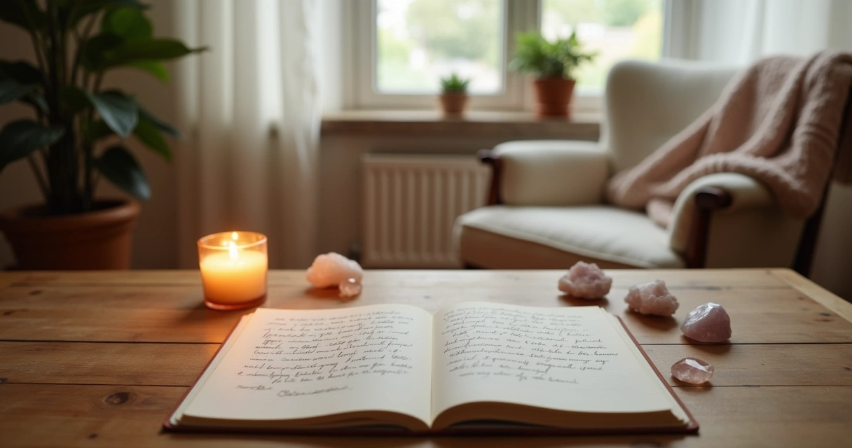 Cena íntima de um ritual de gratidão, com um caderno aberto, vela acesa e cristais sobre uma mesa de madeira.