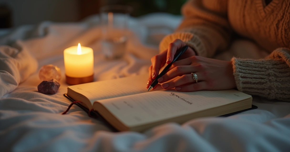 Mãos femininas segurando vela acesa sobre cama arrumada ao lado de diário e caneta 