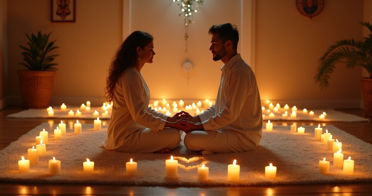 Casal sentado no chão de mãos dadas e velas acesas ao redor 