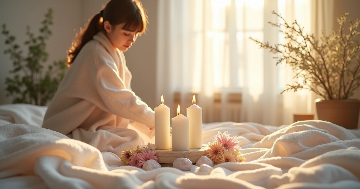 Pessoa montando um pequeno altar com velas, incensos e cristais em um cômodo harmonioso e iluminado. 
