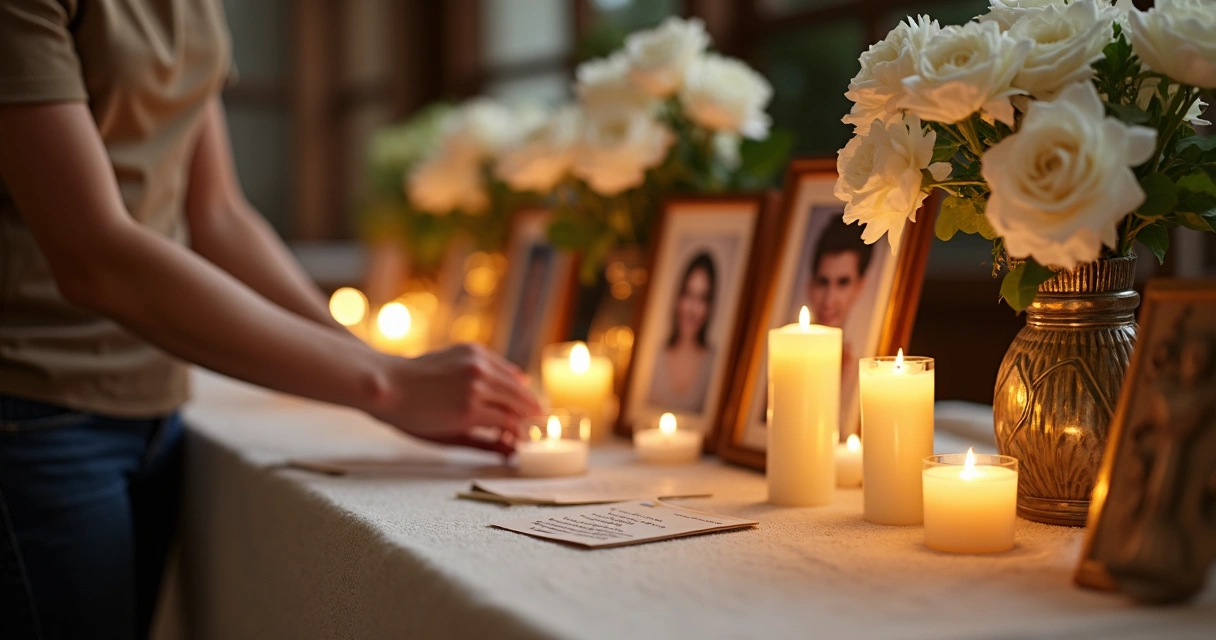 Mesa con vela, flores y fotografías en un ritual de memoria 