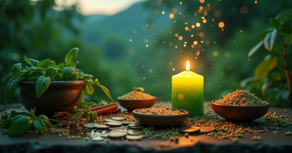 Cena de um ritual de prosperidade na Umbanda com altar com vela verde, ervas e moedas flutuando na água.