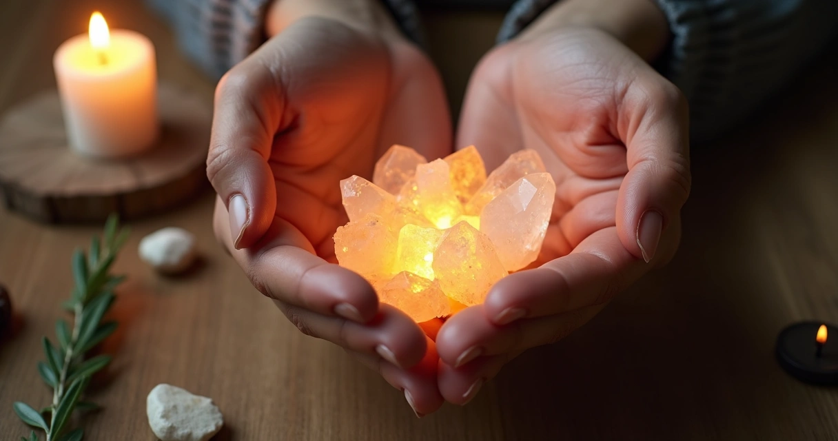 Mãos segurando cristais luminosos em ritual de proteção espiritual com vela acesa e elementos naturais ao fundo 