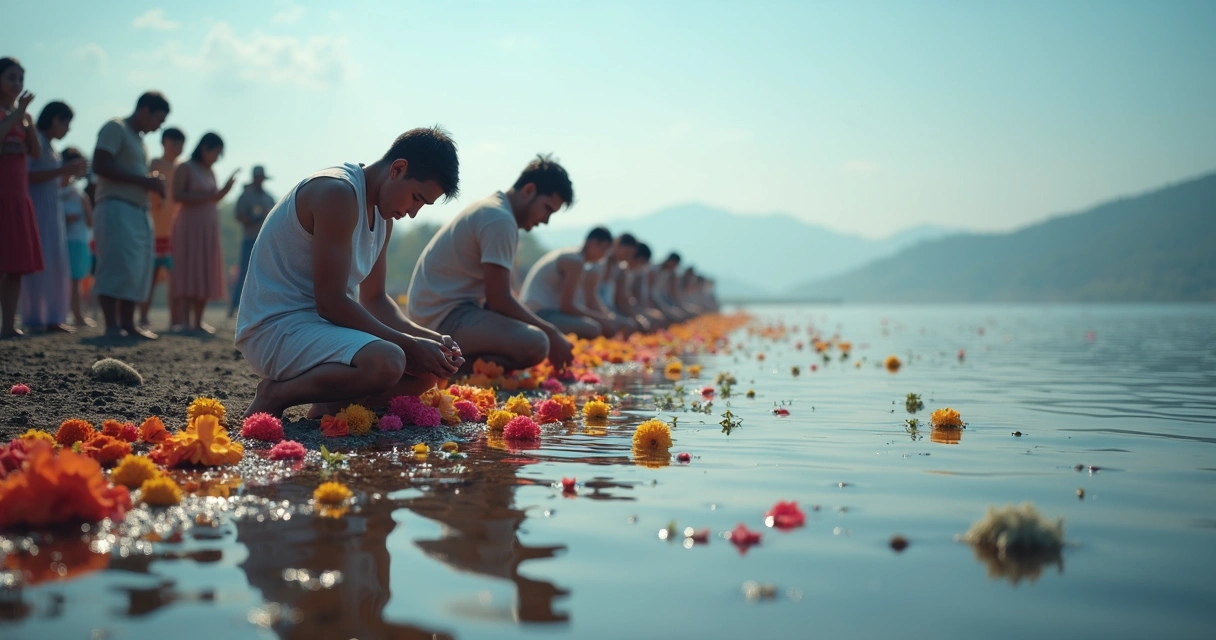 Pessoas jogando flores em um rio em cerimônia coletiva