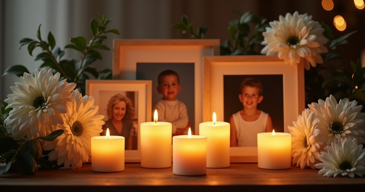 Velas acesas em um ambiente escuro, fotos e flores em homenagem 