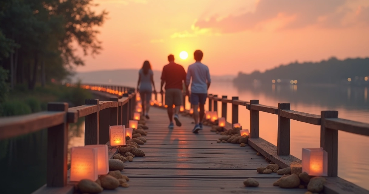 Grupo atravessando ponte ao pôr do sol deixando lanternas luminosas para trás 