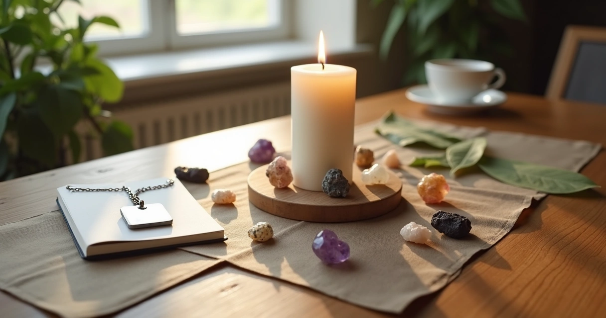 Mesa arrumada com vela branca, cristais e crachá de trabalho.