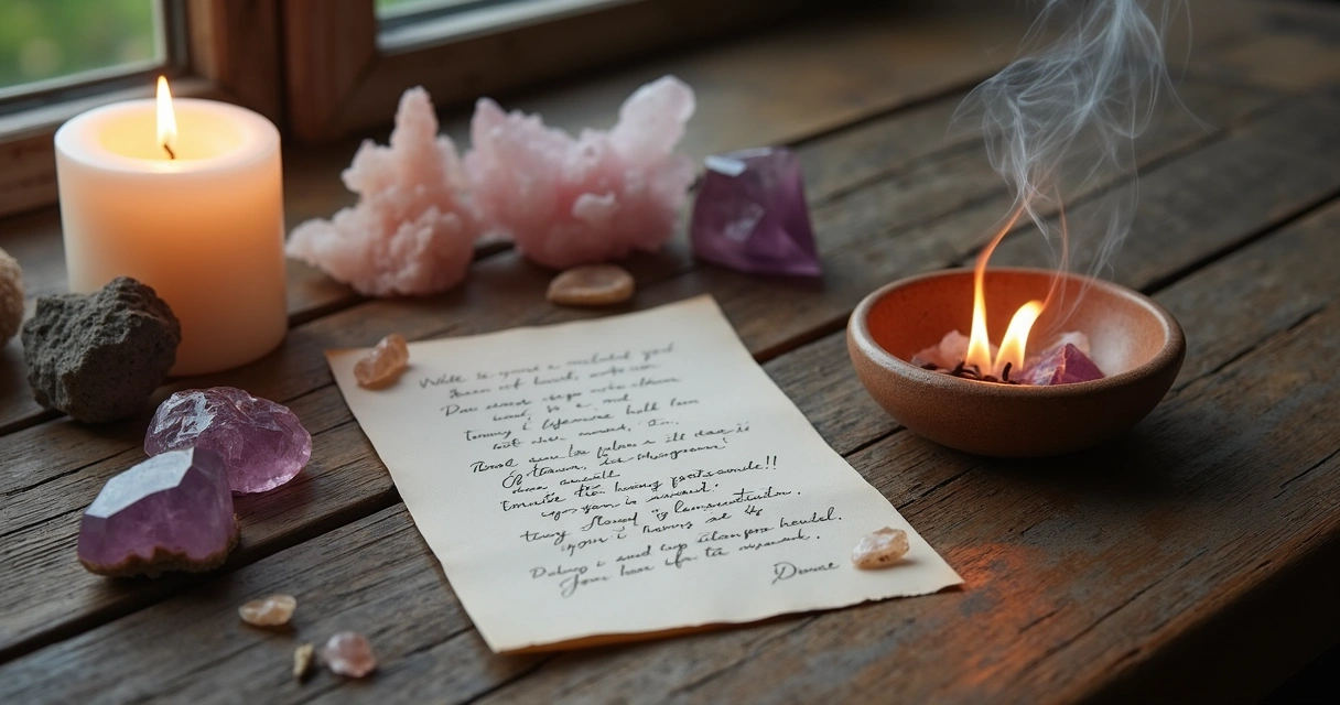 Vela branca acesa em altar com cristais e papel queimando ao lado