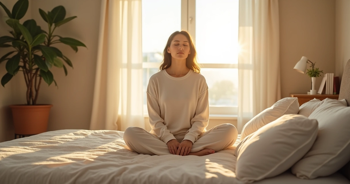 Persona sentada en la cama a la luz de la mañana con los ojos cerrados, respirando calmadamente 
