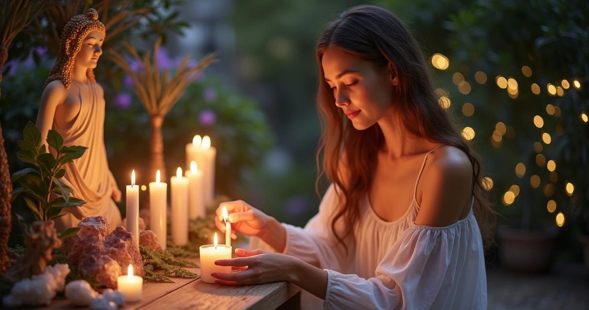 Mulher acendendo velas em altar esotérico 
