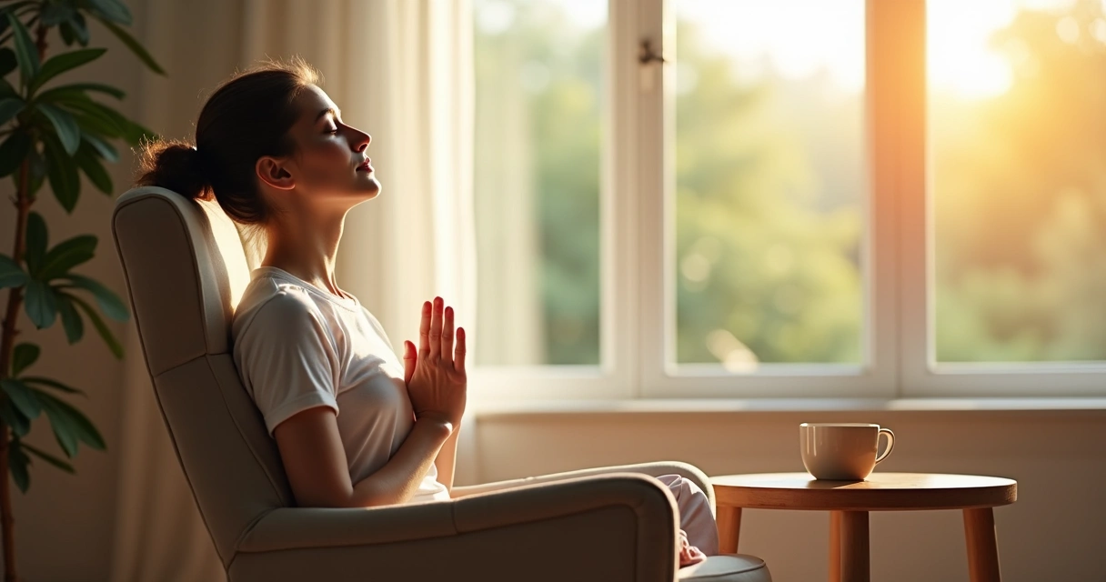 Pessoa sentada em cadeira próxima a janela com luz natural, praticando respiração consciente