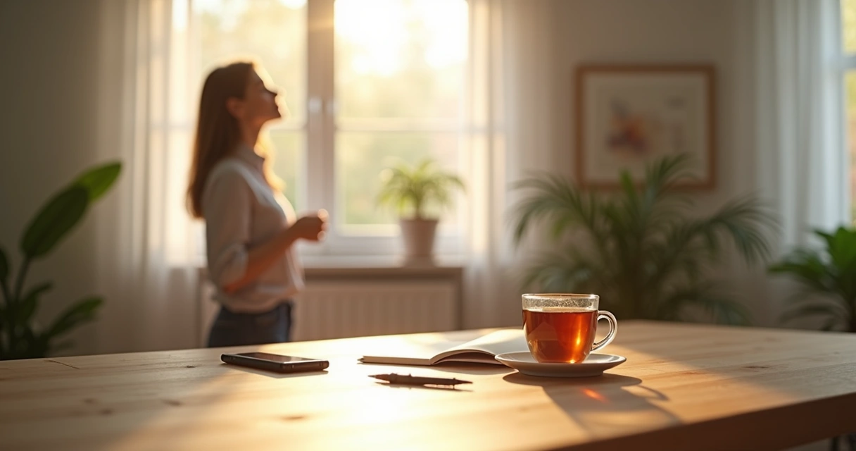 Persona realizando una pausa consciente junto a un móvil descansando boca abajo