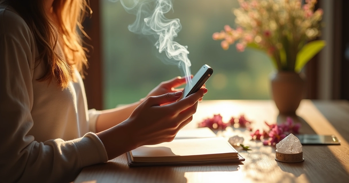 Celular sendo passado no incenso com luz solar suave na mesa 