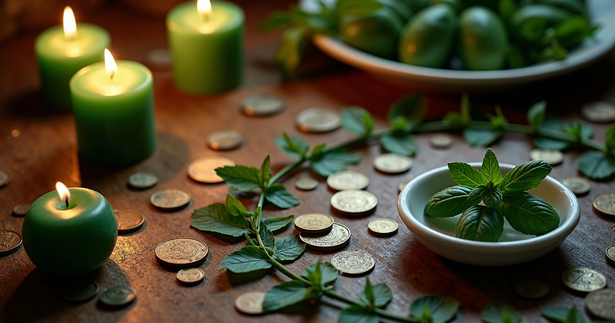 Mesa com velas verdes acesas, moedas e folhas de louro ao lado. 