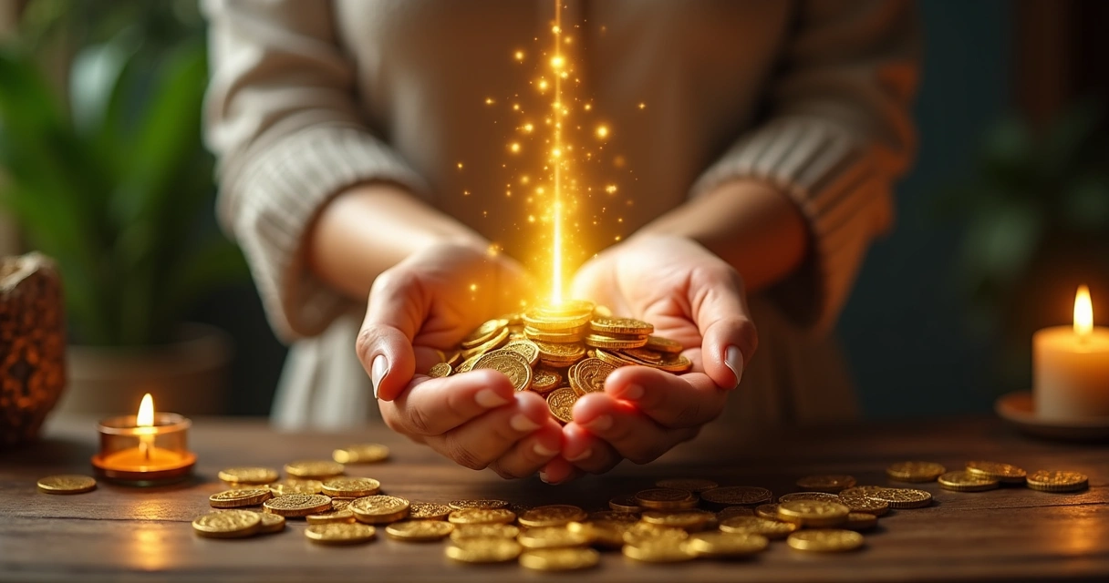 Mãos femininas rodeando moedas douradas e canal de luz dourada saindo delas 