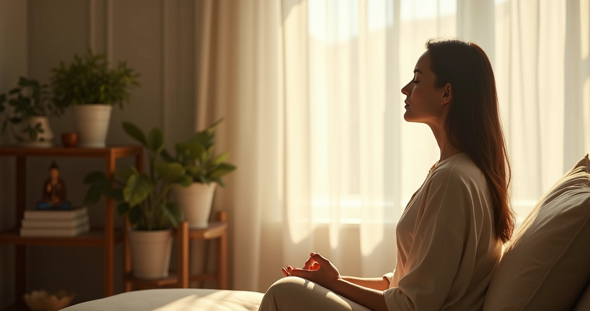 Mulher mentalizando energias positivas em ambiente tranquilo