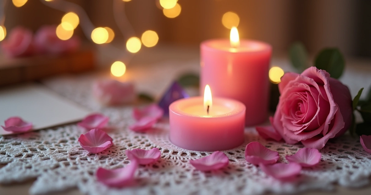 Vela cor-de-rosa ao lado de flores e cristais em altar romântico 