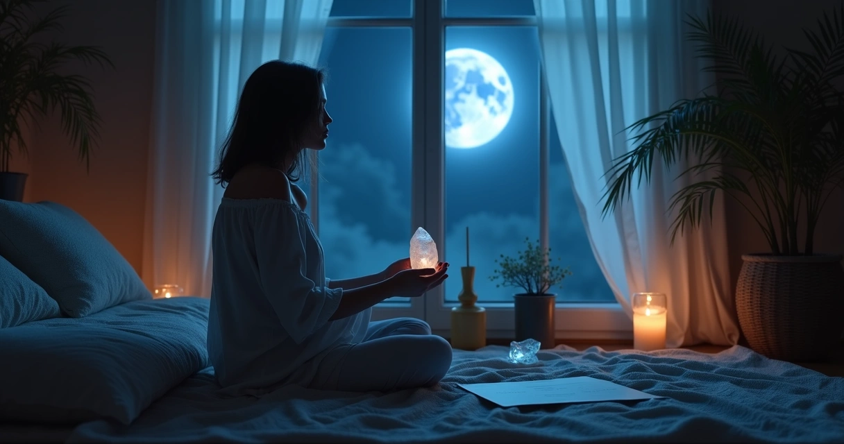 Ritual com vela e cristal ao luar 