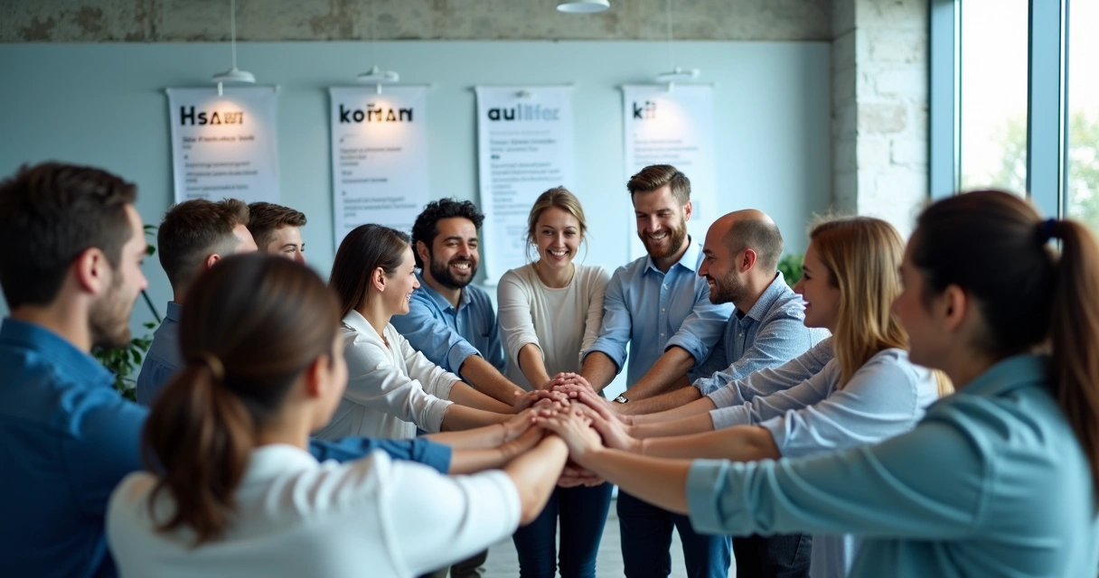 Equipe celebrando ritual em empresa com símbolos culturais 