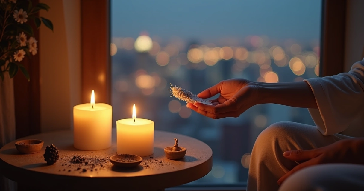 Vela branca acesa, papel sendo queimado e cinzas próximas a uma janela 