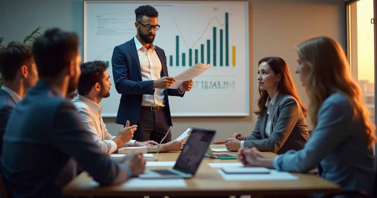 Líder mostrando relatórios para equipe durante reunião de fechamento 