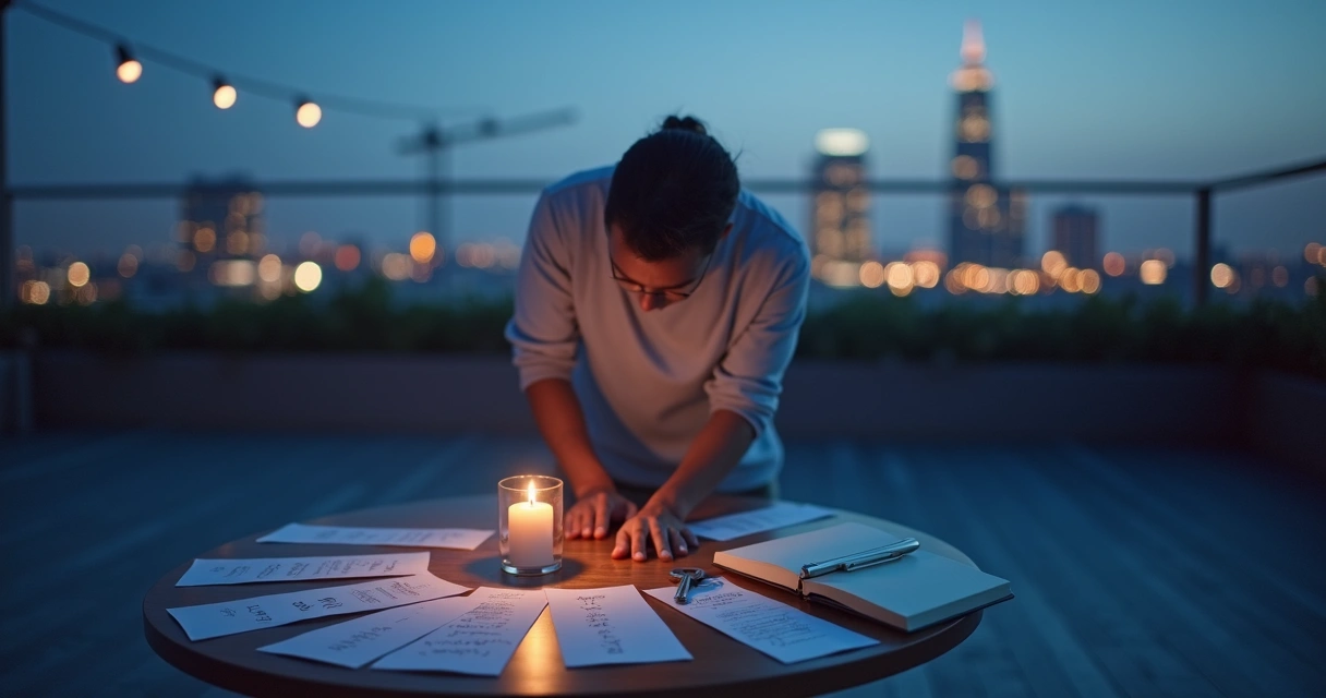 Pessoa sozinha ao anoitecer espalhando papéis em forma de círculo em um terraço urbano 
