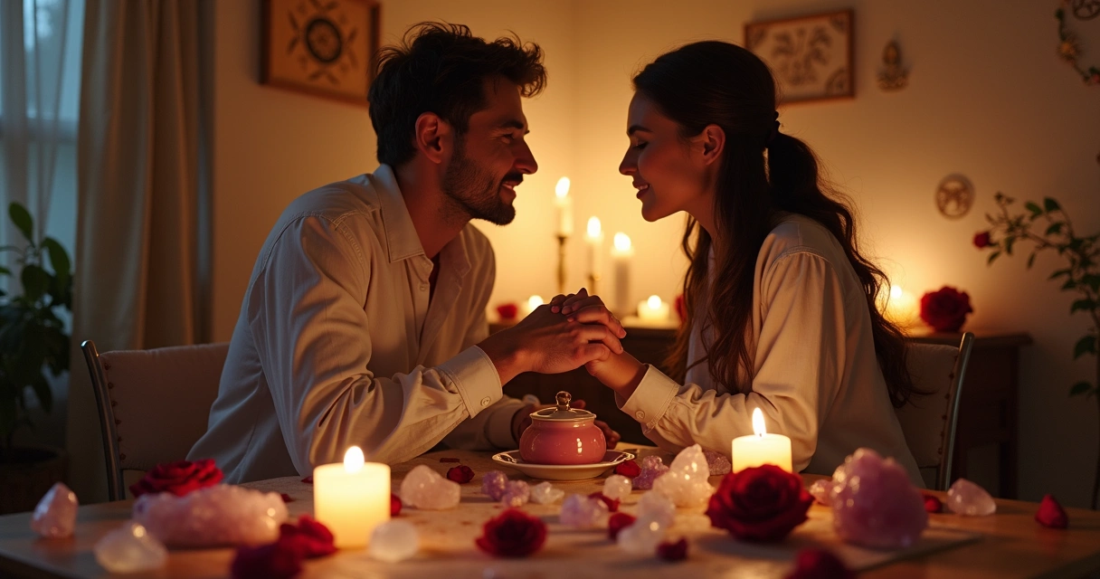 Casal fazendo ritual com velas, flores e cristais em uma mesa de madeira 
